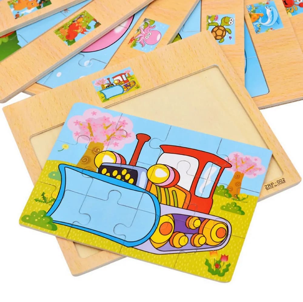 Hot Sale 12/9 PCS Puzzles Wooden Kids Baby Wood Cartoon Vehicle Animals Learning Educational Toys for Children Gift - 2