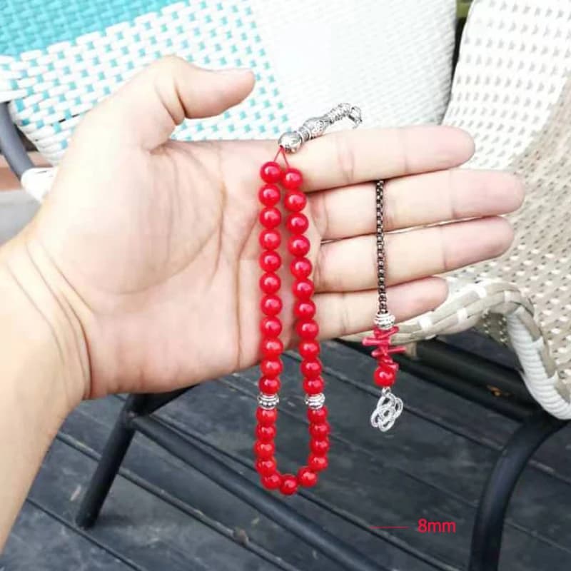 تسبيح مرجان طبيعي وشعاب مرجانية هدب عيد هدية رمضان اكسسوارات الموضة العربية 33 حبة سوار مسبحة مسلمة - 6