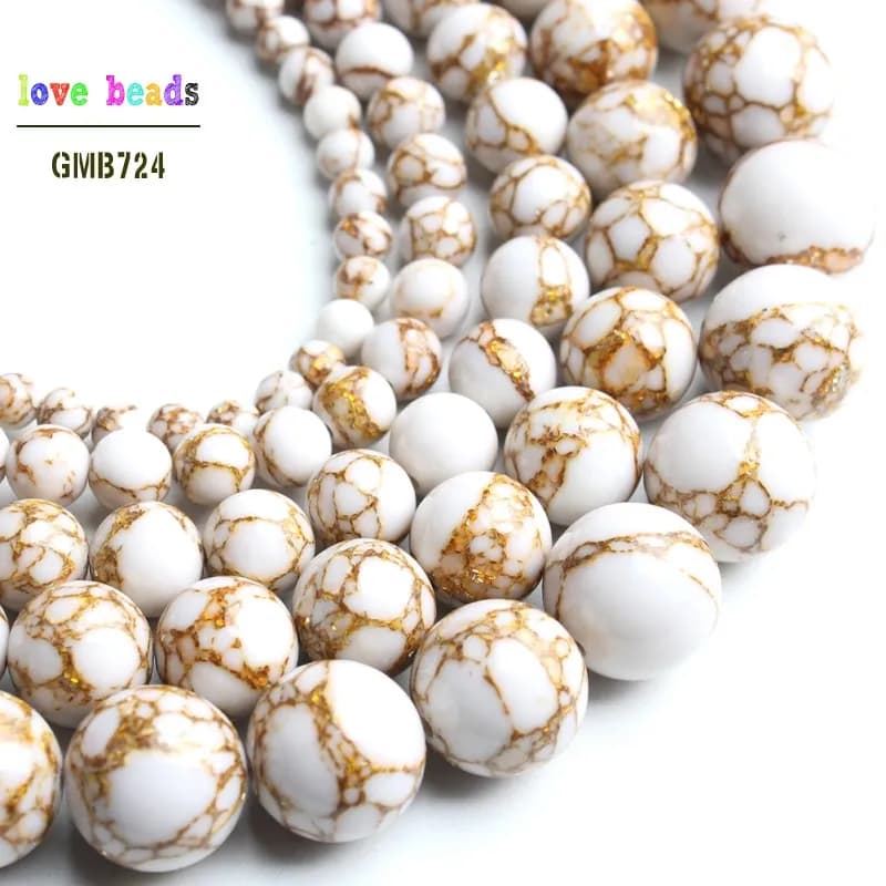 White Howlite Spun Gold plated Loose Stone Round Beads for Jewelry Making DIY Bracelet 15'' strand 4/6/8/10/12mm - 4