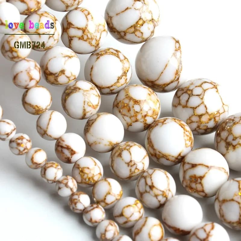 White Howlite Spun Gold plated Loose Stone Round Beads for Jewelry Making DIY Bracelet 15'' strand 4/6/8/10/12mm - 5