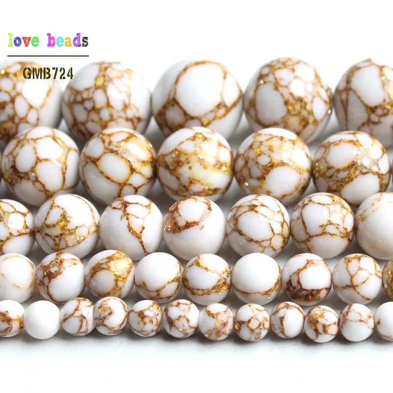 White Howlite Spun Gold plated Loose Stone Round Beads for Jewelry Making DIY Bracelet 15'' strand 4/6/8/10/12mm - 2