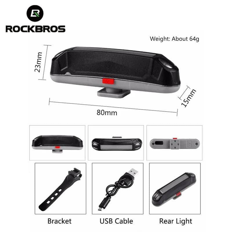 ضوء خلفي للدراجة من ROCKBROS، مقاوم للماء، ضوء LED، قابل لإعادة الشحن عبر USB، ضوء خلفي للسلامة، إضاءة تحذير للركوب، ضوء سرج دراجة - 2