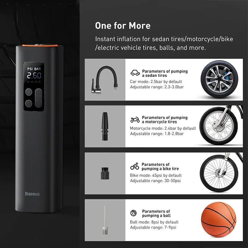 ضاغط هواء صغير للسيارة من Baseus، 12 فولت، 150 رطل لكل بوصة مربعة، منفاخ إطارات محمول، مضخة هواء رقمية ذكية للسيارات والدراجات والقوارب - 6