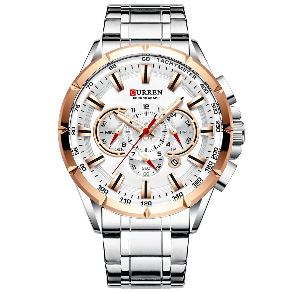 Men New CURREN Casual Sport Chronograph Men's Watch Stainless Steel Band Wristwatch Big Dial Quartz Clock with Luminous Pointers - 2