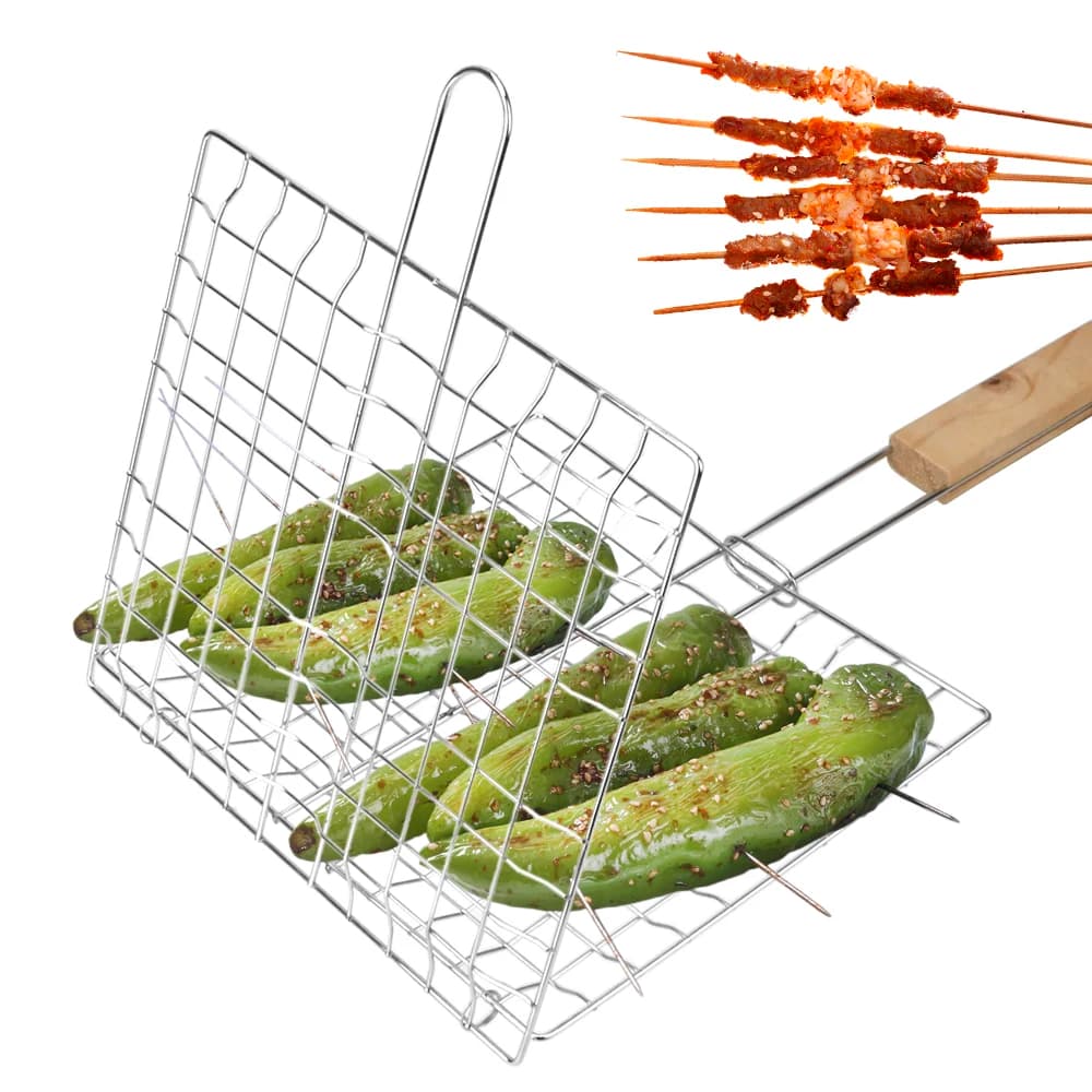 Barbecue Grilling Reusable Meat Fish Clip Holder Wooden Handle Stainless Steel Grill Mesh Foldable BBQ Grill Mat Grilling Basket - 2