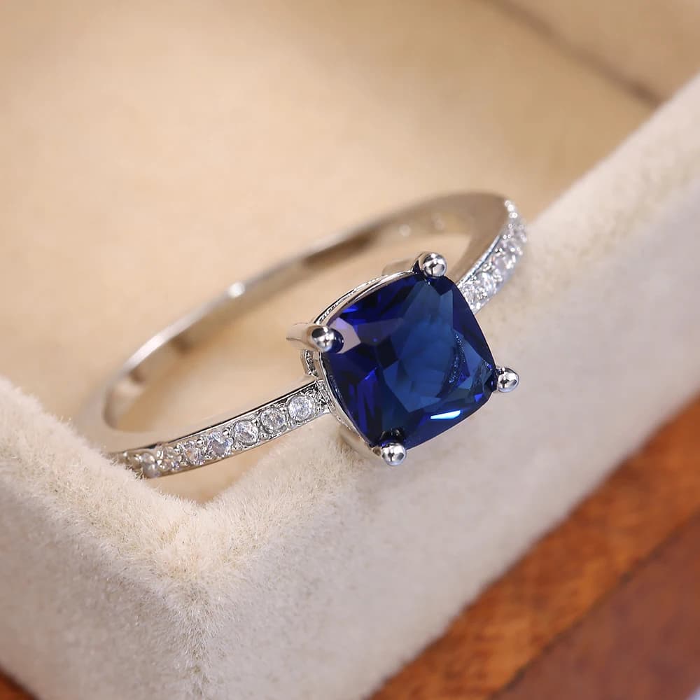Huitan Square Blue Series Stone Women Rings Simple Minimalist Pinky Accessories Ring Band Elegant Engagement Jewelry Rings - 2