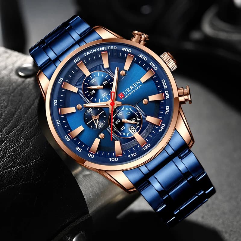Curren Men's Watch Top Luxury Brand Big Dial Blue Quartz Men Watches Chronograph Sport Wristwatch Man Stainless Steel Date Clock - 5
