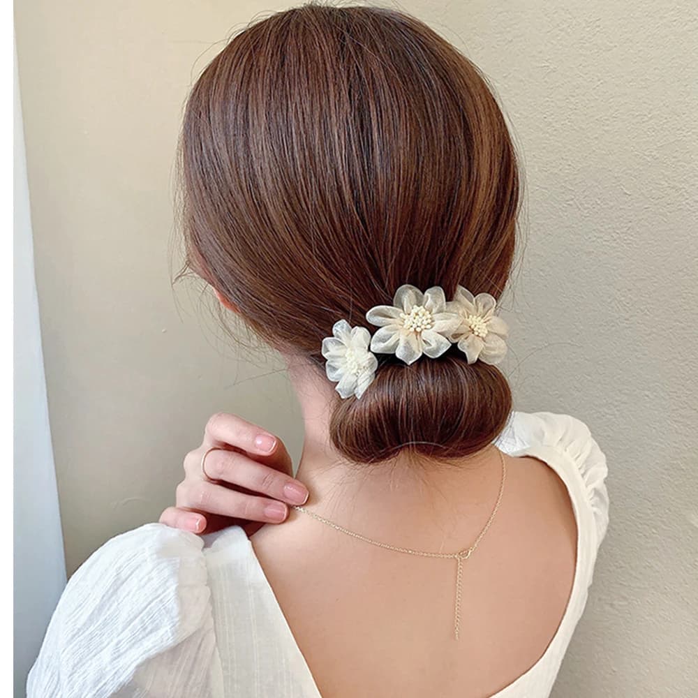 New Women Elegant Bud Chiffon Flowers Bun Maruko Hairstyles Making Long Tools Sweet Headband Hairbands Fashion Hair Accessories - 3