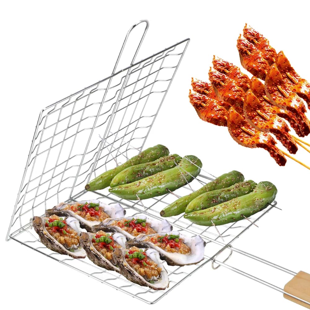 Barbecue Grilling Reusable Meat Fish Clip Holder Wooden Handle Stainless Steel Grill Mesh Foldable BBQ Grill Mat Grilling Basket - 3