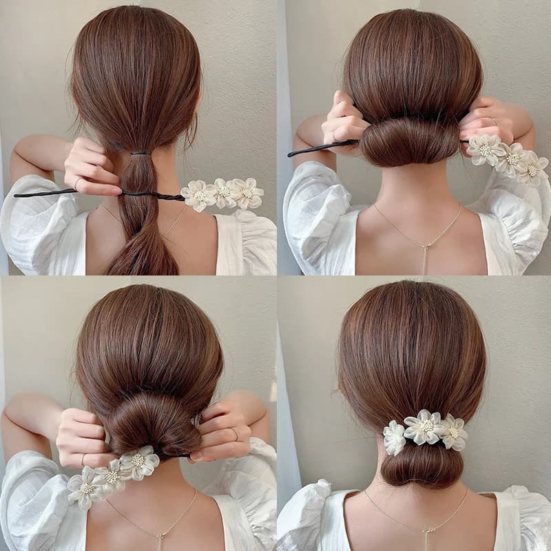 New Women Elegant Bud Chiffon Flowers Bun Maruko Hairstyles Making Long Tools Sweet Headband Hairbands Fashion Hair Accessories - 2