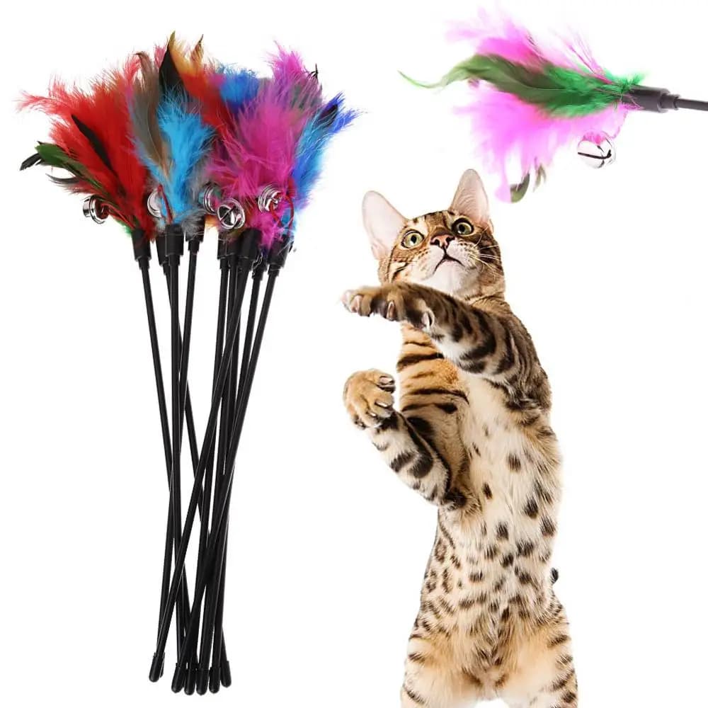 5pcs Funny Kitten Cat Teaser Interactive Toy Rod with Bell and Feather Toys For Pet Cats Stick Wire Chaser Wand Toy Random Color - 6