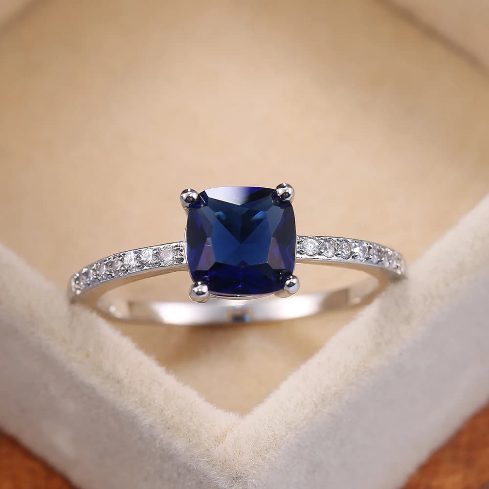 Huitan Square Blue Series Stone Women Rings Simple Minimalist Pinky Accessories Ring Band Elegant Engagement Jewelry Rings - 5