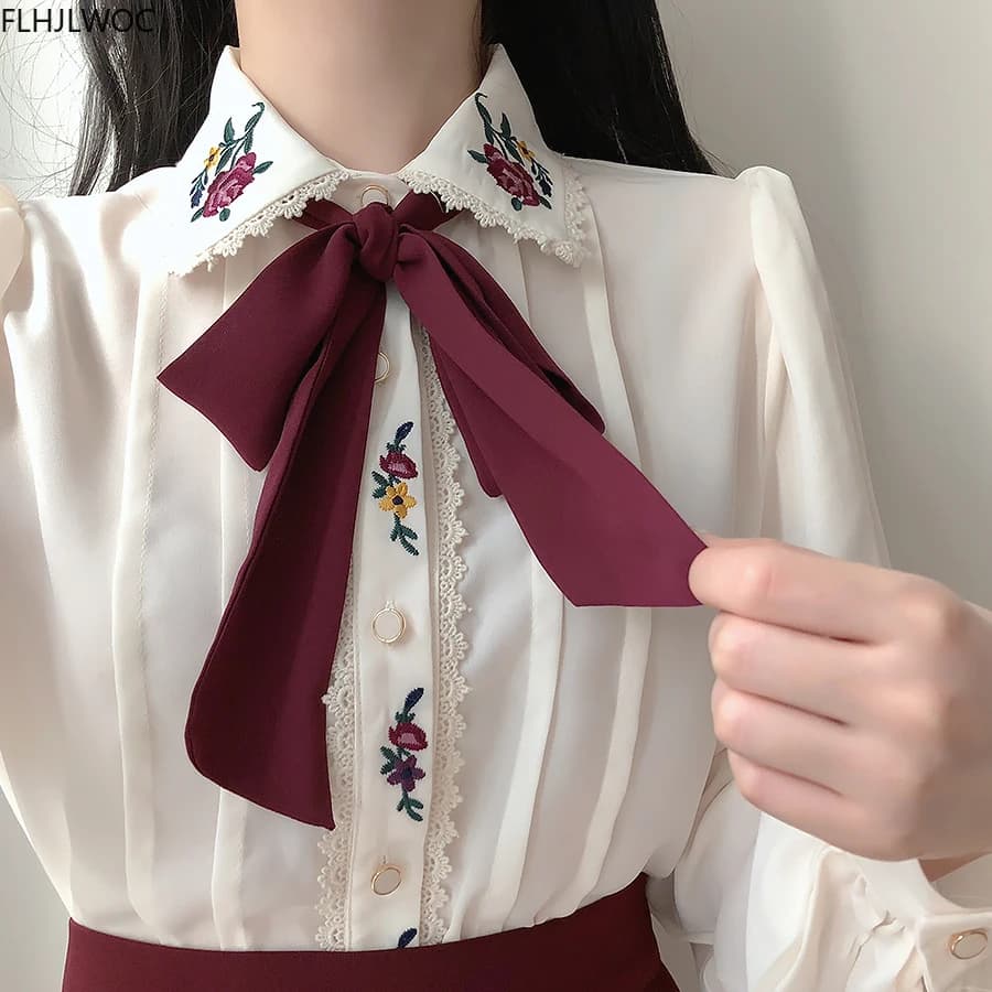 قمصان بيضاء سادة بأزرار صدر واحد مطرزة بربطة عنق علوية بتصميم رترو أنيقة رسمية ملابس أساسية لخريف