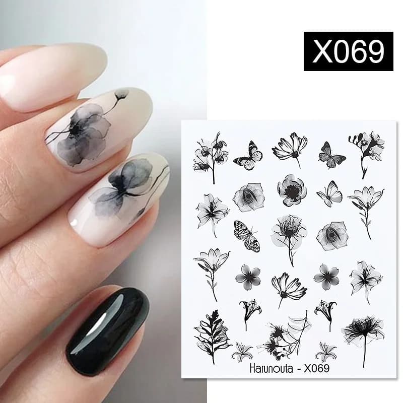 Harunouta Black Ink Blooming Marble Pattern Water Decals Stickers Black Line Flower Leaves Face Slider For Summer Nail Art Decor - 3