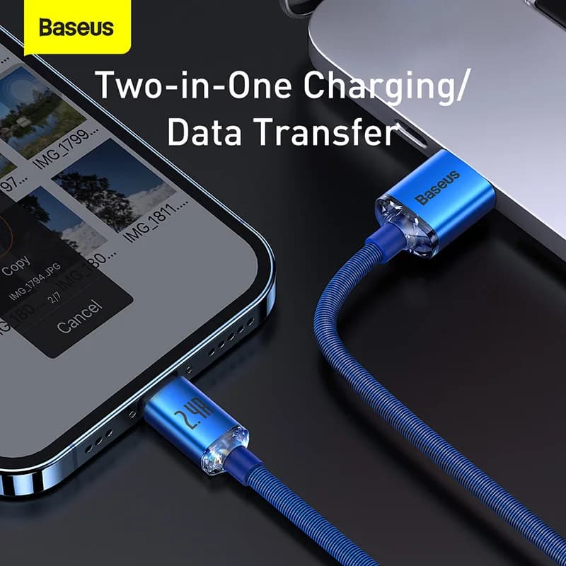 كابل Baseus USB لهاتف آيفون 14 و13 و12 و11 برو ماكس X Xr 8 بلس، شحن سريع 2.4A، كابل شحن ونقل بيانات لأجهزة آيباد برو بطول 1.2-2 متر - 4