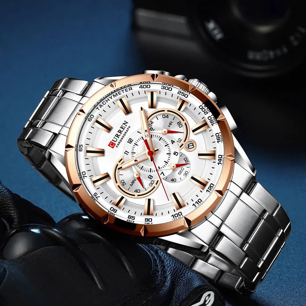 Men New CURREN Casual Sport Chronograph Men's Watch Stainless Steel Band Wristwatch Big Dial Quartz Clock with Luminous Pointers - 4