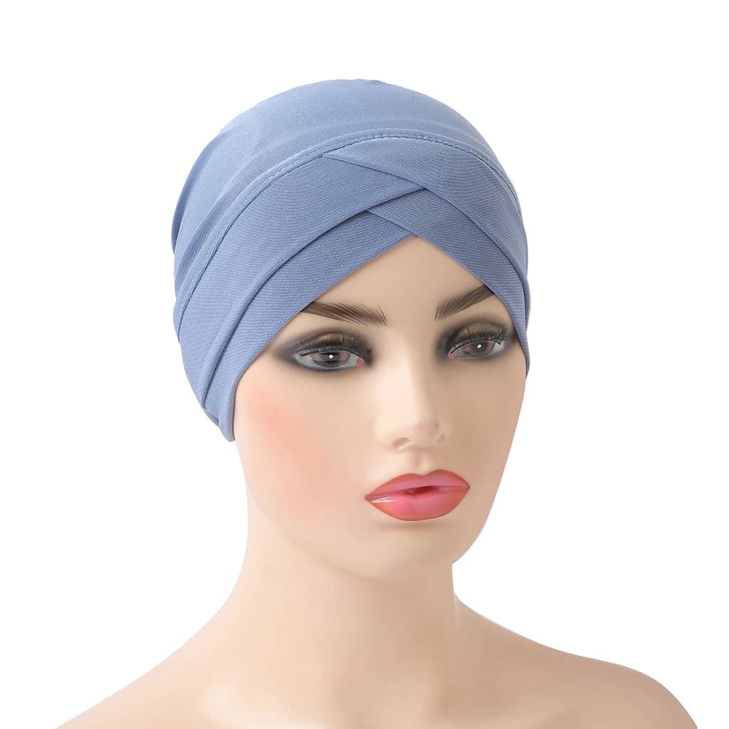 H117 Forehead criss Cross Muslim Turban Pure Color Stretch Inner Hijabs For Caps Ready To Wear Women Head Scarf Under Bonnet - 4