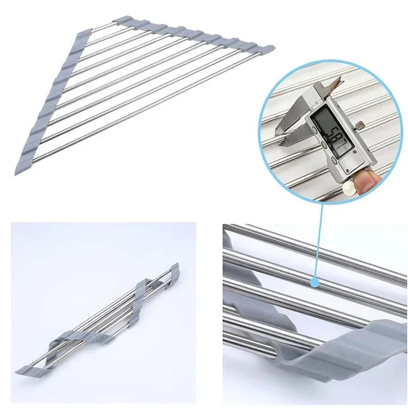 Roll Up Triangle Dish Drying Rack Kitchen Sink Organizer Corner Over the Sink Sponge Rag Holder Foldable Stainless Steel Drainer - 5