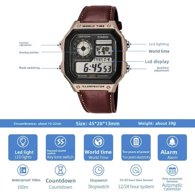 Casio AE-1200WHL-5A Vintage Royale Square Watch, World Map Display Multi-Time 4 Cities LED Light 1/100 Sec Stopwatch ﻿ ﻿ ﻿ - 2