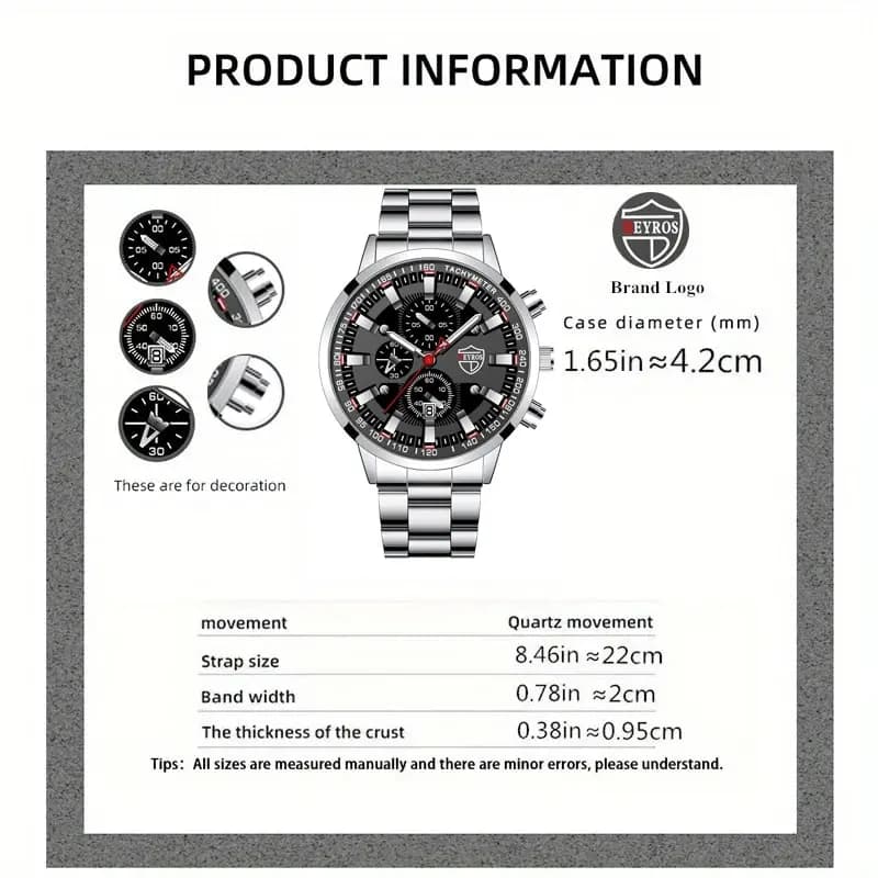 3PCS DEYROS Fashion Mens Calendar Watches Luxury Male Stainless Steel Quartz Wristwatch Men Bracelet Necklace Wrist Watch - 2