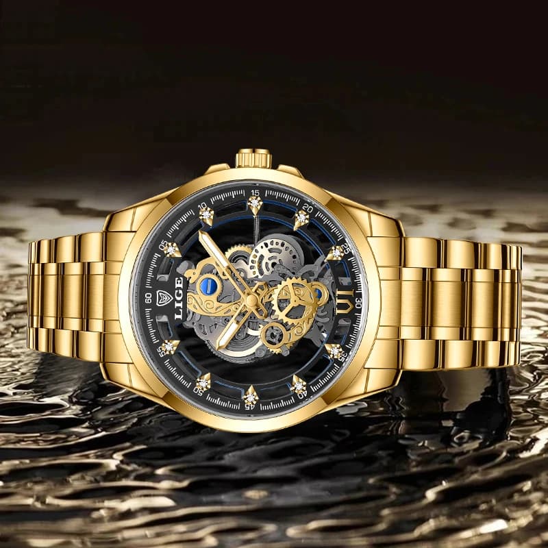 LIGE New Men Watch Skeleton Quartz Wristwatch Gold Skeleton Retro Man Watch Top Brand Luxury Clock Mens Watches Reloj Hombre - 2