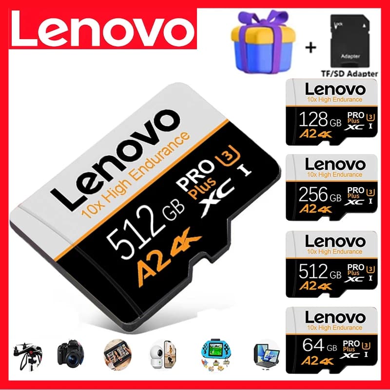 بطاقات ذاكرة Lenovo Secure Micro TF SD بسعة 512 جيجابايت و128 جيجابايت و32 جيجابايت UHS-I V10 عالية السرعة للكاميرا/الهاتف الذكي/الكمبيوتر