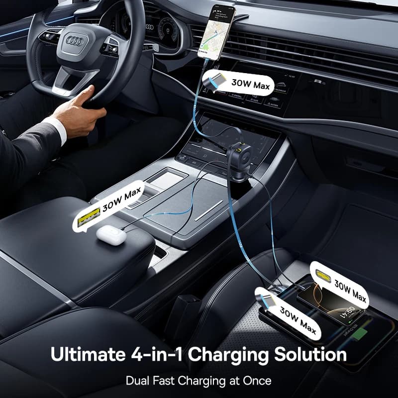 Baseus Car Charger 60W 100W 30W 240W 4 ports Built in Dual Retractable Cable PD Fast Charging USB Type-C Car Phone Charger - 3
