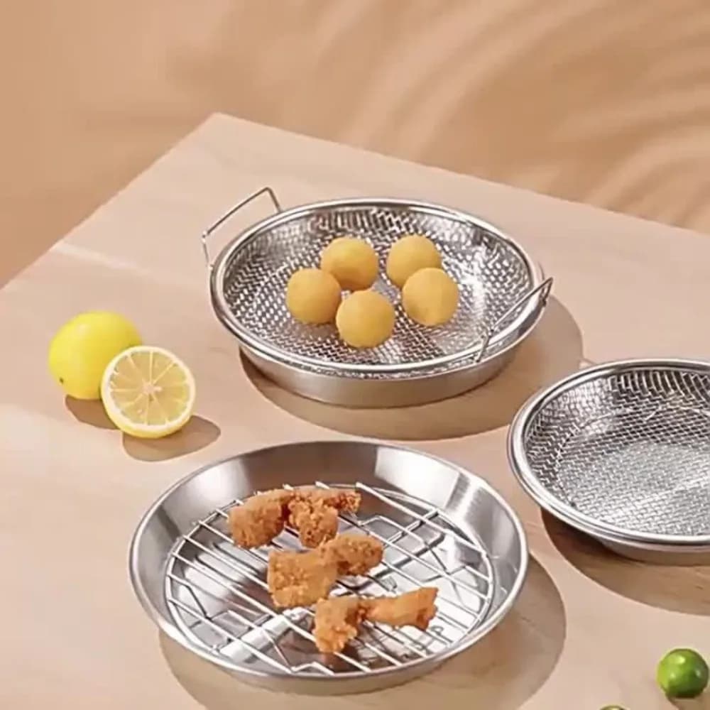 رف قلي من الفولاذ المقاوم للصدأ شديد التحمل مع صينية، سلة شبكية معدنية قابلة للطي لتصريف الزيت، آمنة للغسل في غسالة الأطباق - 6