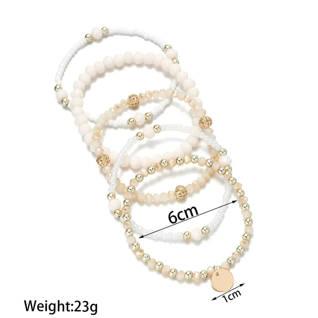 5Pcs/Set Charm Resin Beaded Fashion Bracelet Set for Women Round Piece Elastic Bead Chain Bangle Wrist Strap Vacation Jewelry - 2