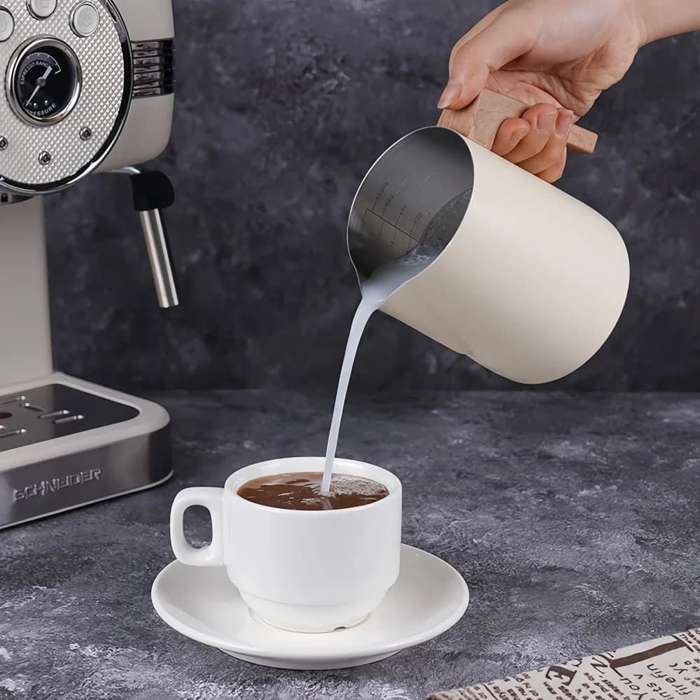 Coffee Milk Frothing Pitcher Jug Anti-scald Wood Grain Handle 304 Stainless Steel Precision Scale Professional Coffee Utensils - 3