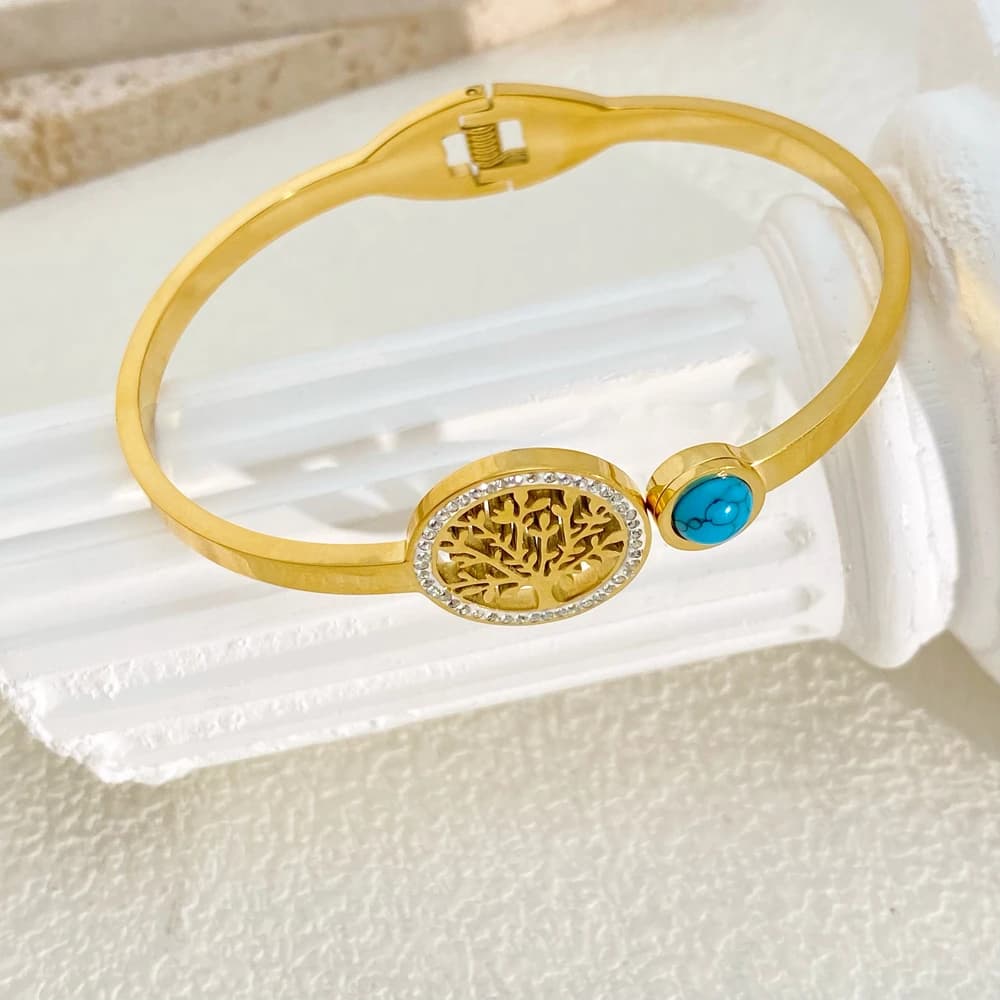 Luxury Stainless Steel Tree of Life Open Bracelet For Women Men Gold-color Cubic Zircon No Fade Color Lucky Cuff Bangle Jewelry - 4