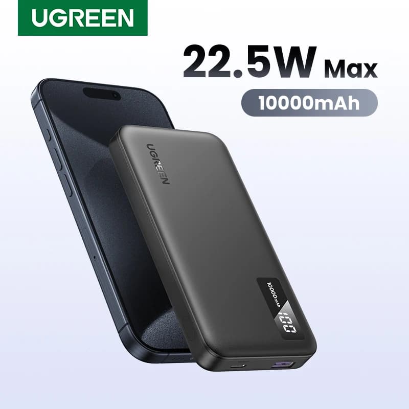 بنك طاقة UGREEN 22.5 واط شحن سريع 10000 مللي أمبير في الساعة محمول لجهاز iPhone 15 Pro Max وXiaomi وHuawei بطارية خارجية PD20W