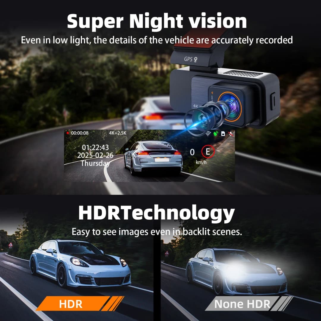 كاميرا داش Aprilboy بدقة 4K، عدسة مزدوجة، تسجيل للرؤية الليلية، واي فاي مدمج، GPS، ومراقبة وقوف السيارات 24 ساعة - 4