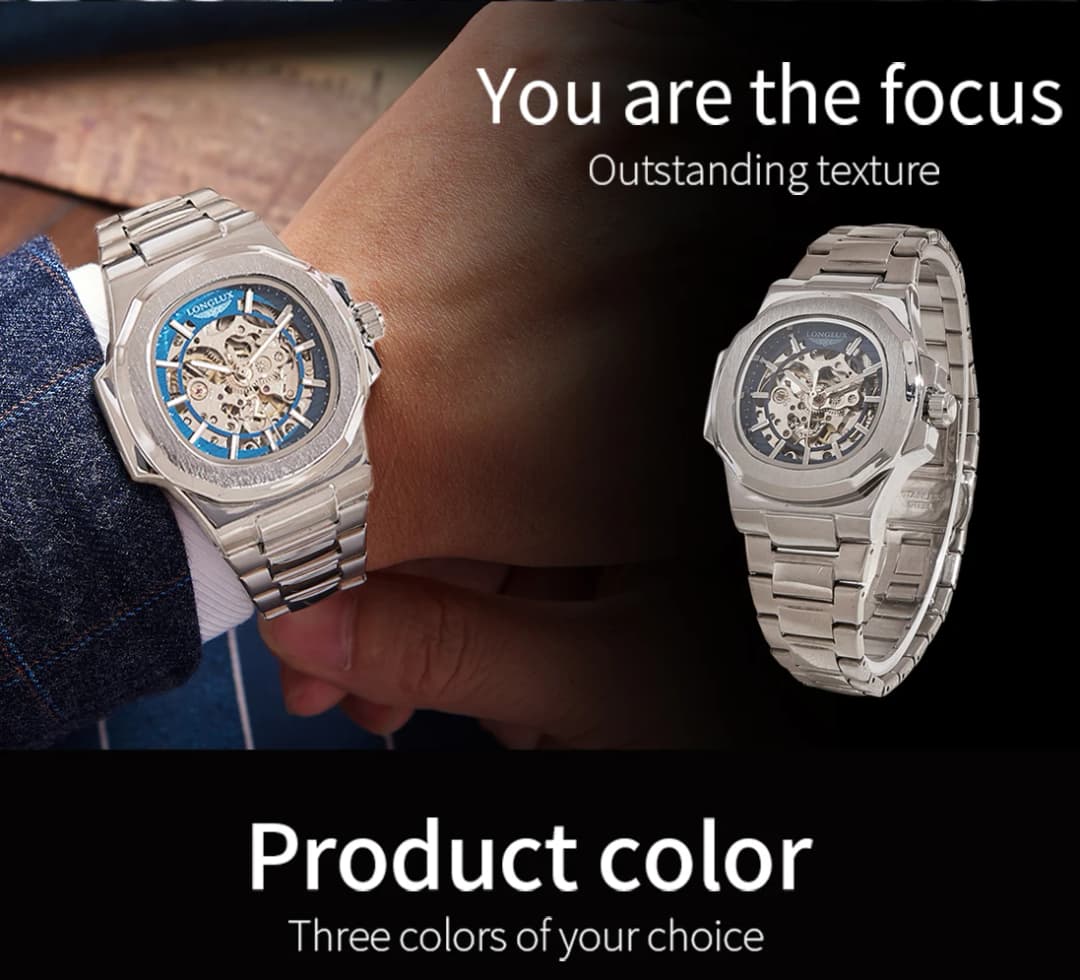 LONGLUX Men automatic mechanical watch luxury watches waterproof skeleton business cheap wholesale stainless steel gift watch - 3