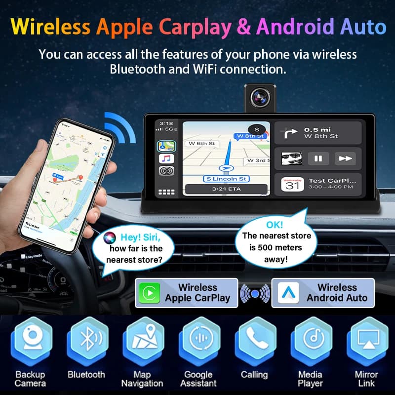 10.26 بوصة 4K Dash Cam Carplay Android Auto GPS 5G WIFI FM BT Car Dvr 350 °   مسجل محرك كاميرا شاحنة داشكام بعدسة مزدوجة الدوران - 4