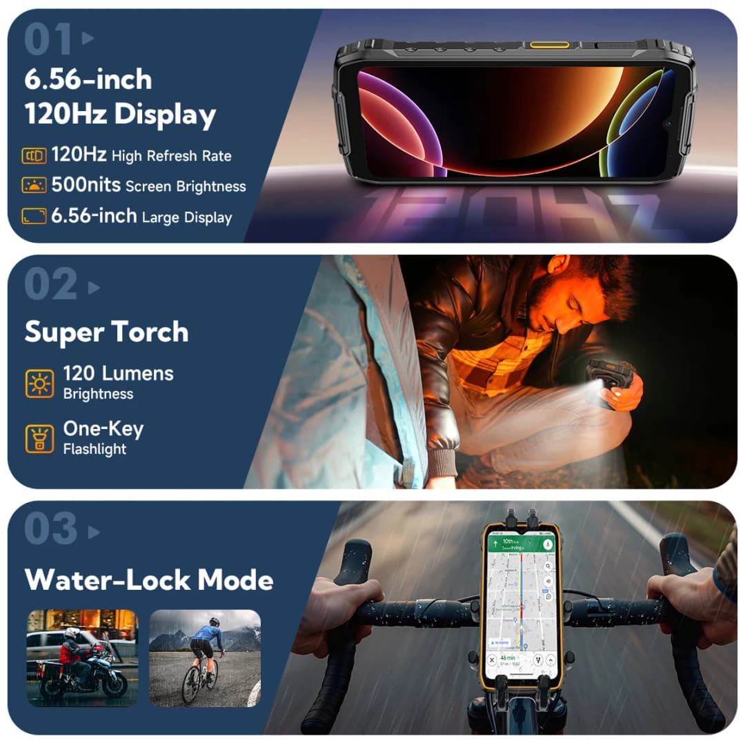 هاتف Ulefone RugKing 4 Pro متين بنظام Android 15 حتى 16 جيجابايت + 256 جيجابايت هاتف ذكي مقاوم للماء 10200 مللي أمبير في الساعة كاميرا 48 ميجابكسل NFC عالمي 6.56 بوصة 120 هرتز - 2