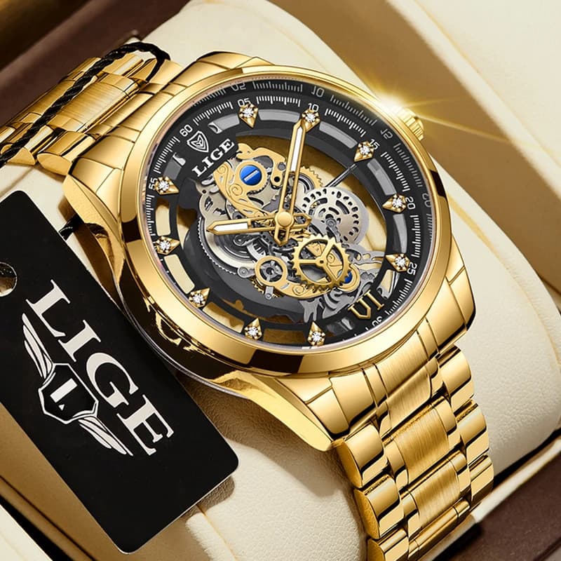 Original LIGE Men Watch Gold Stainless Steel Hollow Skeleton Quartz Watches for Men Fashion Military Waterproof Men Wristwatch - 6