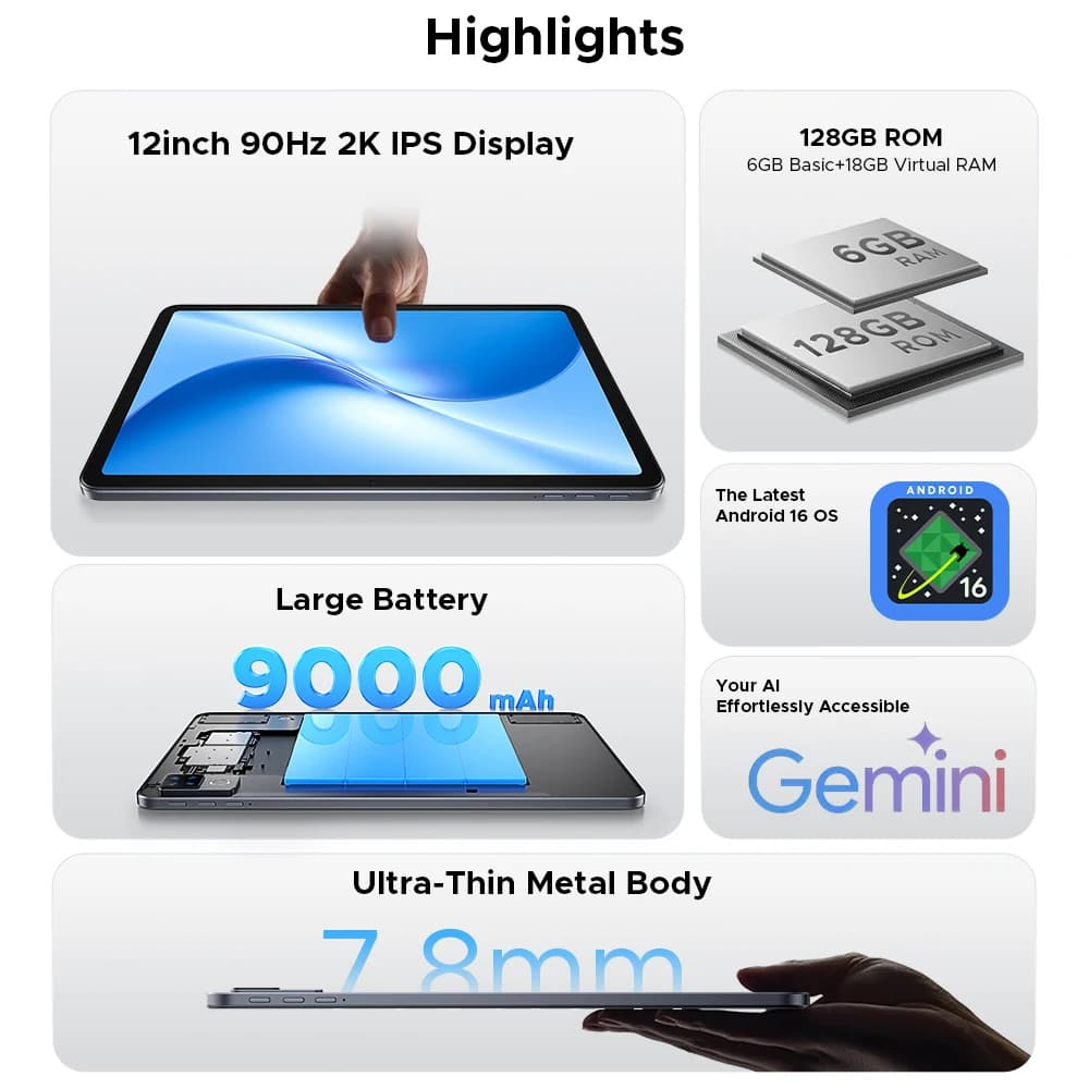 الإصدار العالمي لجهاز DOOGEE U12 اللوحي بنظام أندرويد 16 وذكاء اصطناعي Gemini AI وشاشة 12 بوصة FHD+ وذاكرة 24 جيجابايت و128 جيجابايت وبطارية كبيرة 9000 مللي أمبير - 2