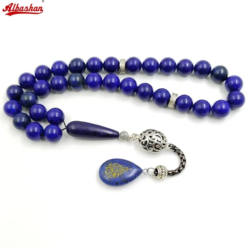 سبحة من حجر اللازورد الطبيعي، 33 حبة، أسورة، حجر أزرق، هدايا عيد الفطر ورأس السنة