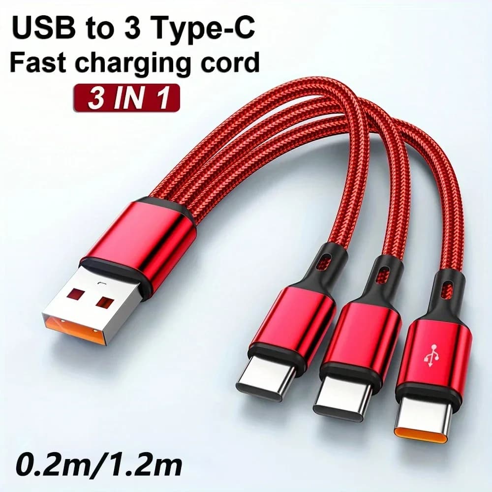 كابل شحن سريع 3 في 1 من USB-A إلى 3 ×Type-C بقوة 100 واط و6 أمبير لهواتف سامسونج جالاكسي S24 وشاومي ريدمي وهواوي، كابل شحن متعدد المنافذ من USB C - 2