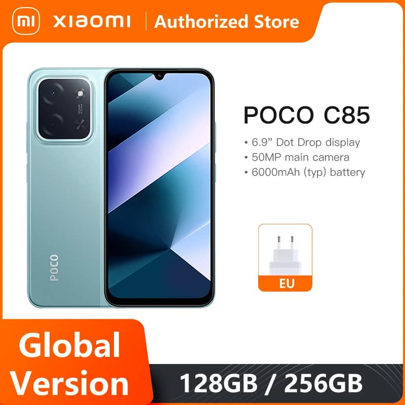 هاتف ذكي Xiaomi POCO C85 إصدار عالمي معالج MediaTek Helio G81-Ultra شاشة 6.9 بوصة Dot Drop بطارية 6000 مللي أمبير كاميرا مزدوجة 50 ميجابكسل شحن 33 واط NFC IP64