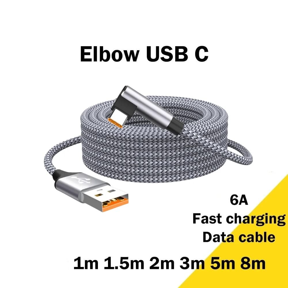6A Type C Elbow Fast Charging Cable 1m 2m 3m 5m 8-Meter USB Phone Super Long Extend Charging Cable for Samsung Xiaomi OnePlus VR