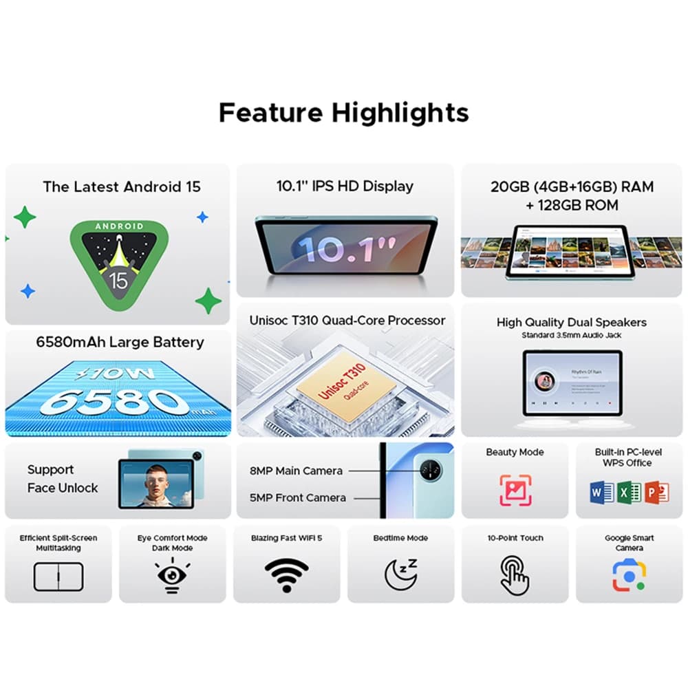 جهاز لوحي DOOGEE Tab A9 Pro شاشة 10.1 بوصة HD نظام Android 15 ذاكرة وصول عشوائي 20 جيجابايت ذاكرة قراءة فقط 128 جيجابايت بطارية كبيرة 6580mAh مكبرات صوت مزدوجة 8MP+5MP جهاز لوحي - 2