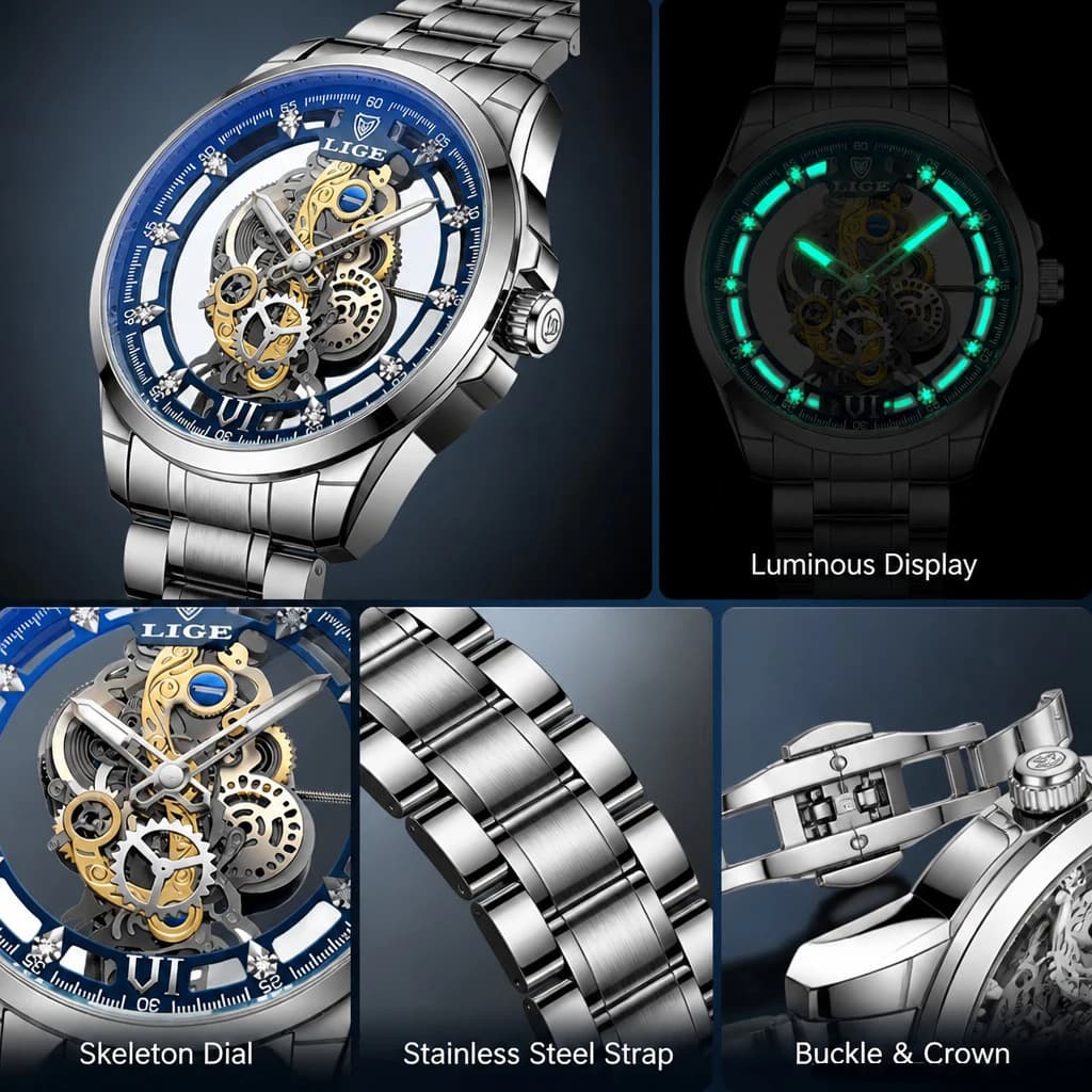 2026 LIGE Men Watch Skeleton Automatic Quartz Watch Gold Skeleton Vintage Man Watch Mens Watches Top Brand Luxury часы мужские - 2