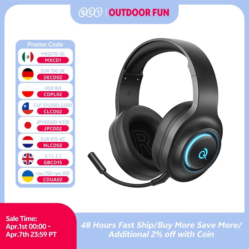 سماعة رأس للألعاب QCY Heroad V200 فوق الأذن لاسلكية بلوتوث 6.0 مع ميكروفون مشغل 50 مم صوت محيطي 7.1 معادل ديناميكي سماعة رأس RGB