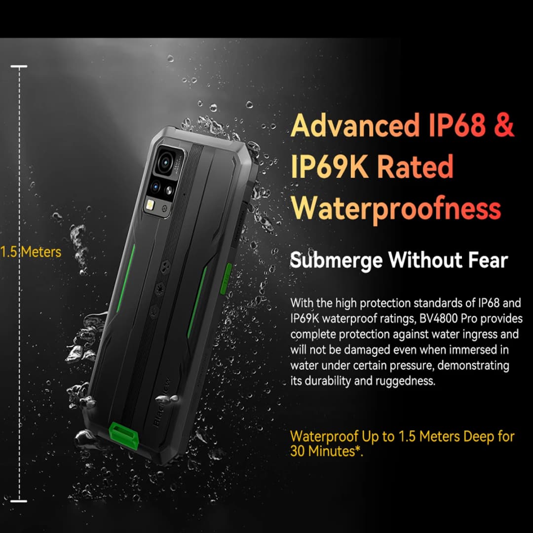 هاتف ذكي متين Blackview BV4800 PRO، شاشة 6.56 بوصة IPS، ذاكرة رام 4 جيجابايت، ذاكرة داخلية 128 جيجابايت، كاميرا 13 ميجابكسل، بطارية 5180 مللي أمبير، نظام أندرويد 14، يدعم NFC - 5