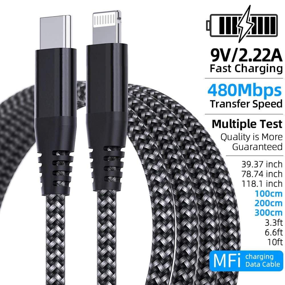 1PC 2PCS Type C to Lightning Fast Charging Data Cable MFI Certified 20W Nylon Braided Cable for iPhone14 14Pro 14Plus 13 12 11 X - 2