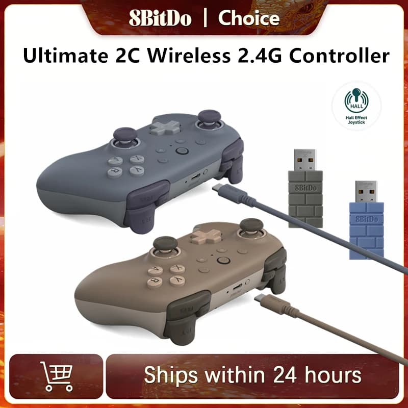 وحدة تحكم لاسلكية 8BitDo نيو ألتيميت 2C للألعاب 2.4G مع عصا تحكم بتأثير هول لبي سي ستيم ديك راسبيري باي أندرويد