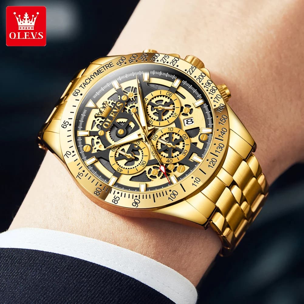 OLEVS Lxuxry Brand Gold Men's Watches Full Skeleton Stainless steel Chronograph Wristwatch Waterproof Luminous Quartz Watch Men - 2