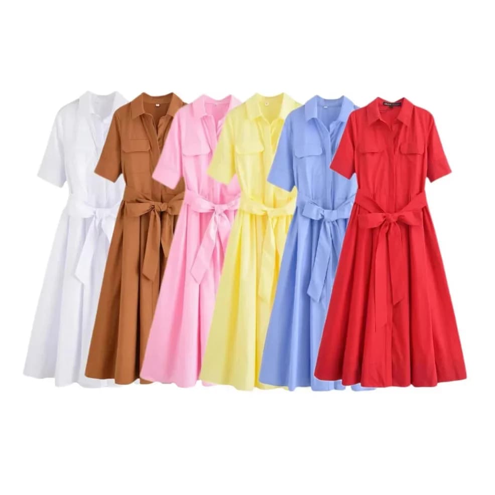 فستان ماكسي بأكمام قصيرة، حزام وياقة بلون نقي، خصر إمبراطوري، تصميم عصري 2025